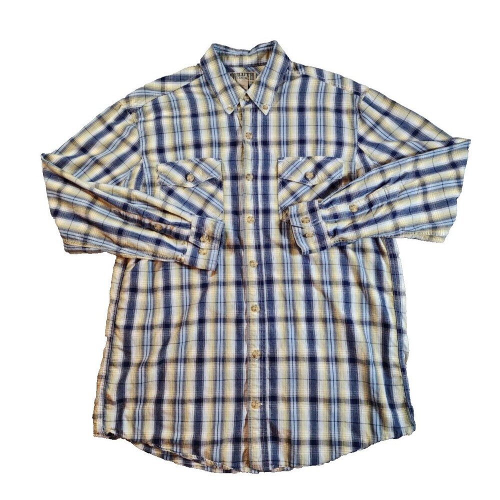 Duluth Trading Company Yellow Blue Gray Plaid Shirt Men's Size L Tall Button Up